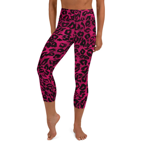 Hot Pink Leopard Animal Print Women's Yoga Capri Leggings Tights- Made in USA/ EU-Capri Yoga Pants-XS-Heidi Kimura Art LLC