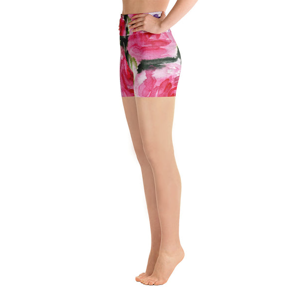 Warrior Strength Pink Floral Print Yoga Shorts - Made in the USA (US Size: XS-XL)-Yoga Shorts-Heidi Kimura Art LLC Pink Rose Floral Yoga Shorts, Pink Floral Print Yoga Short Tights, Warrior Strength Pink Floral Print Yoga Shorts - Made and Designed in the USA (US Size: XS-XL)