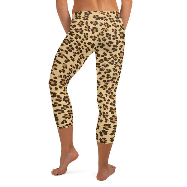 Brown Leopard Animal Print Women's Capri Leggings Pants Fashion Tights- Made in USA/ EU-capri leggings-Heidi Kimura Art LLC