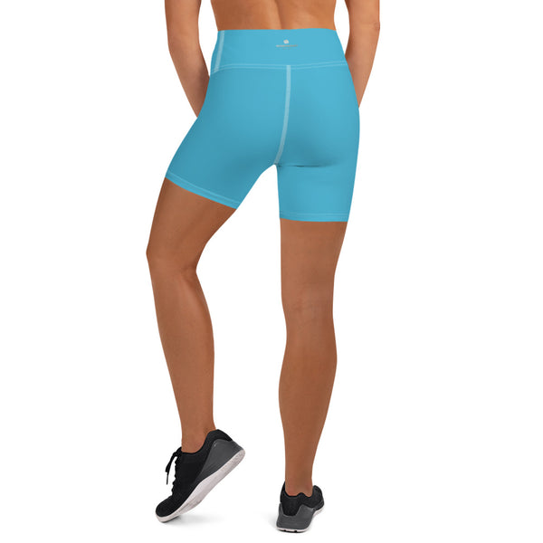 Light Blue Yoga Shorts, Solid Color Modern Minimalist Premium Quality Women's High Waist Spandex Fitness Workout Yoga Shorts, Yoga Tights, Fashion Gym Quick Drying Short Pants With Pockets - Made in USA/EU (US Size: XS-XL)