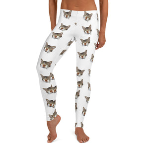 White Peanut Meow Calico Cat Print Women's Causal Yoga Leggings- Made in USA/EU-XS-Heidi Kimura Art LLC White Cat Leggings, Peanut Meow Calico Cat Print Women's Long Dressy Casual Fashion Leggings/ Running Tights - Made in USA/ EU (US Size: XS-XL)