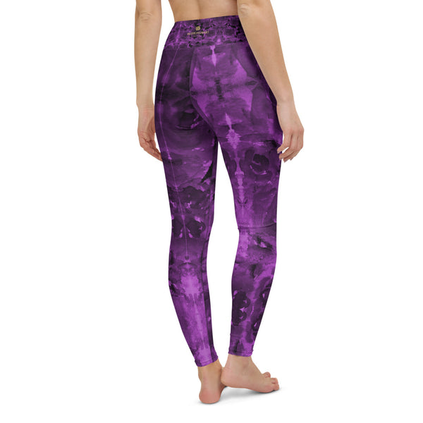 Purple Abstract Yoga Leggings, Floral Long Tights-Made in USA/EU-Heidi Kimura Art LLC-Heidi Kimura Art LLC