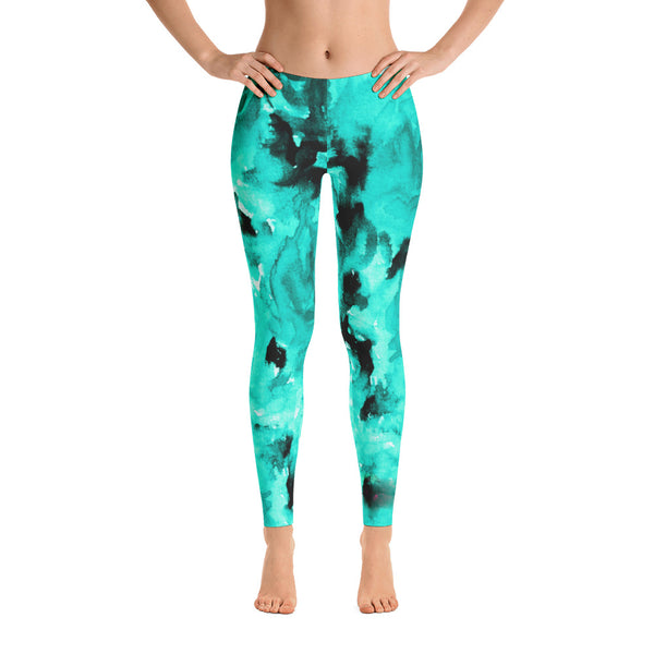 Turquoise Blue Rose Floral Print Women's Long Casual Leggings- Made in USA-Casual Leggings-Heidi Kimura Art LLC Turquoise Blue Rose Leggings, Turquoise Blue Rose Floral Print Women's Long Casual Leggings/ Running Tights - Made in USA/EU (US Size: XS-XL)