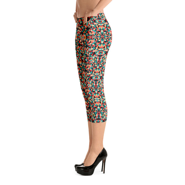 Red Geometric Pattern Capri Leggings, Designer Colorful Women's Leggings-Heidikimurart Limited -Heidi Kimura Art LLC