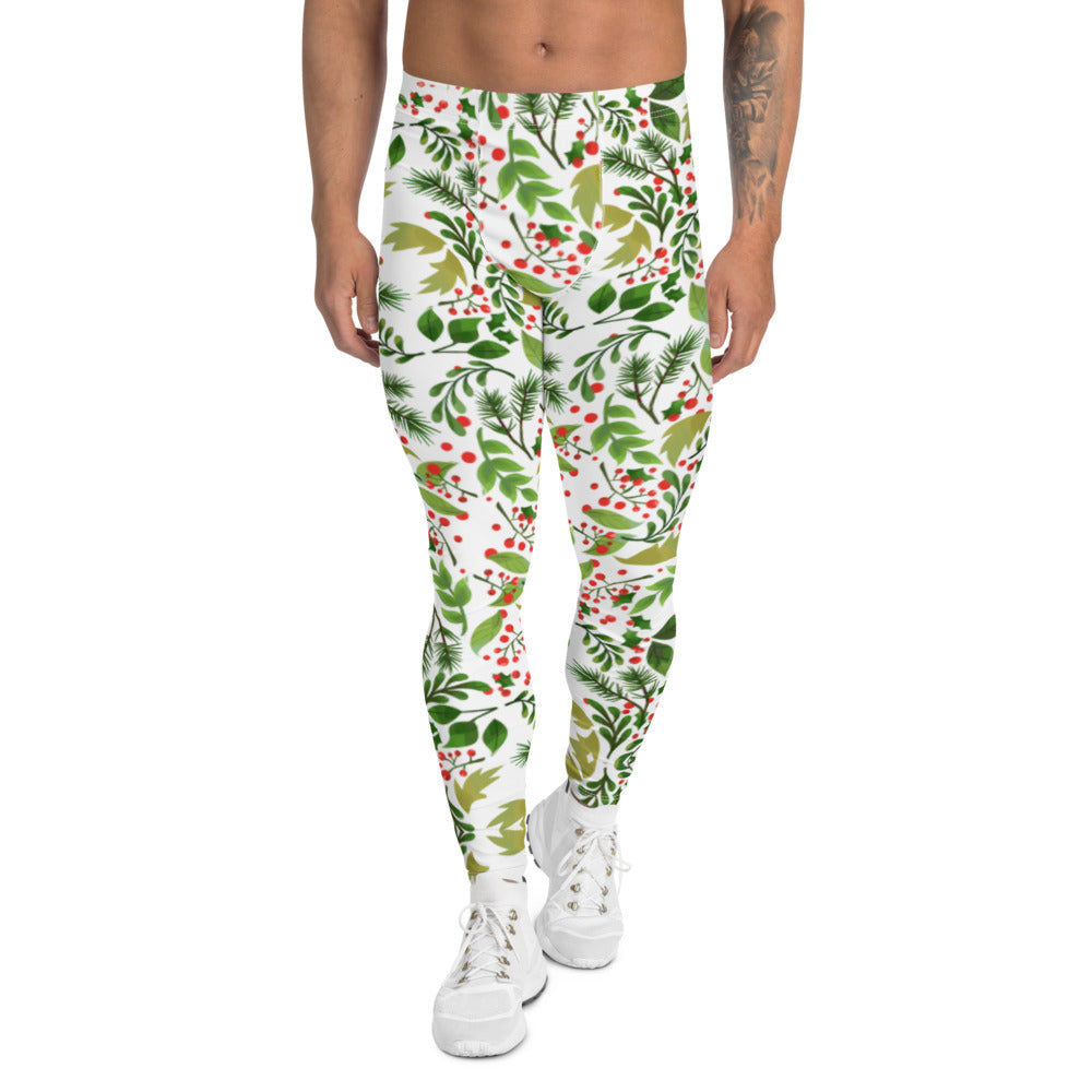 Christmas Floral Happy Men's Leggings, White Xmas Party Meggings Tights-Heidikimurart Limited -XS-Heidi Kimura Art LLC Christmas Floral Happy Men's Leggings, White Xmas Party Sexy Meggings Men's Workout Gym Tights Leggings, Men's Compression Tights Pants - Made in USA/ EU (US Size: XS-3XL) 