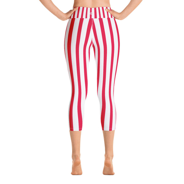 Red White Striped Women's Capri Pants, Vertically Stripe Print Capri Leggings- Made in USA/EU-Capri Yoga Pants-Heidi Kimura Art LLC