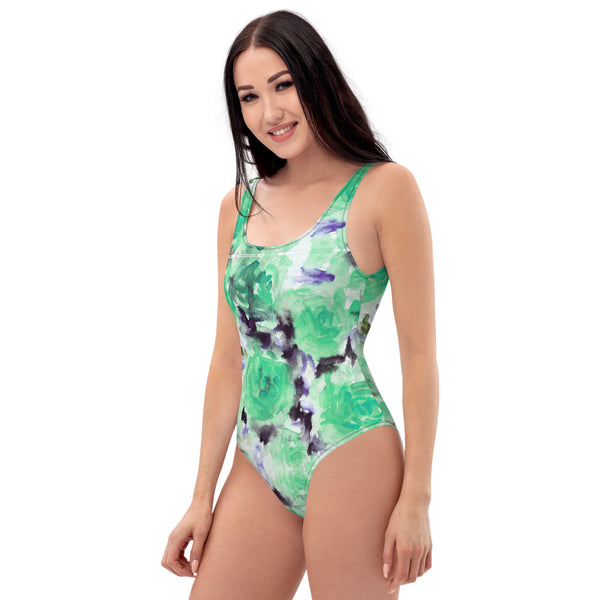 Turquoise Roses One-Piece Swimsuit, Floral Print Women's Swimwear-Made in USA/EU-Heidi Kimura Art LLC-Heidi Kimura Art LLC