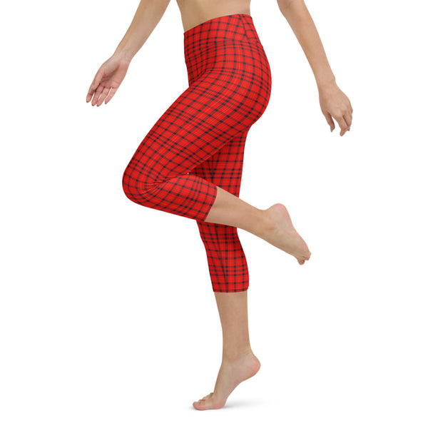 Red Plaid Print Yoga Capri Leggings, Scottish Tartan Capris Tights-Heidi Kimura Art LLC-Heidi Kimura Art LLC Bright Red Plaid Capri Leggings, Traditional Tartan Print Capri Yoga Pants Capri Leggings Yoga Pants - Made in USA/EU (US Size: XS-XL)