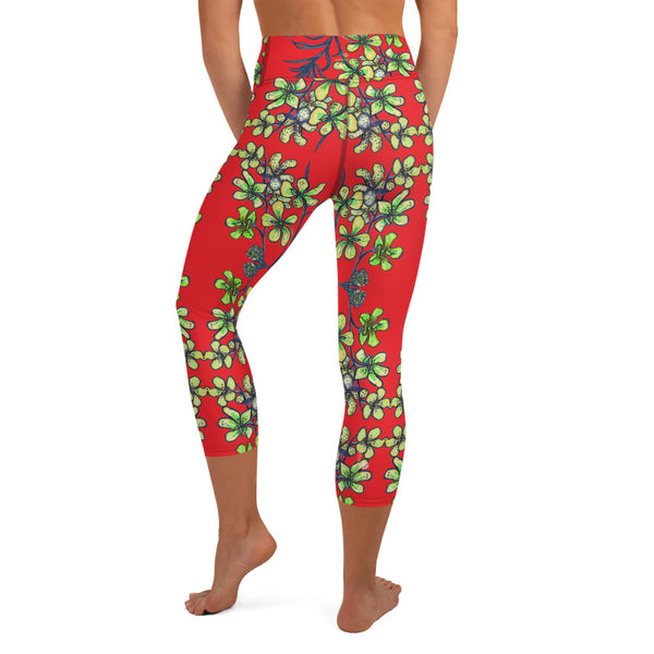 Red Orchids Yoga Capri Leggings, Floral Print Women's Yoga Tights-Made in USA/EU-Heidi Kimura Art LLC-Heidi Kimura Art LLC