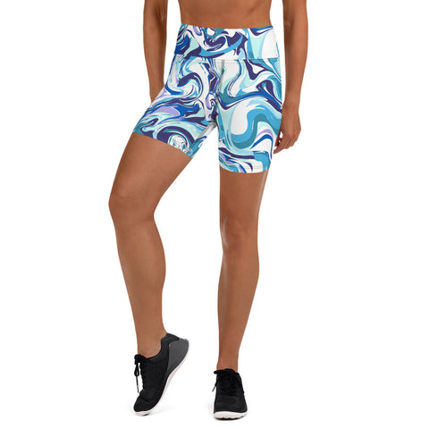 Blue Swirl Women's Yoga Shorts, Abstract Print Elastic Short Tights-Made in USA/EU-Heidi Kimura Art LLC-XS-Heidi Kimura Art LLC Blue Swirl Women's Yoga Shorts, Abstract Print Premium Quality Women's High Waist Spandex Fitness Workout Yoga Shorts, Yoga Tights, Fashion Gym Quick Drying Short Pants With Pockets - Made in USA/EU (US Size: XS-XL)