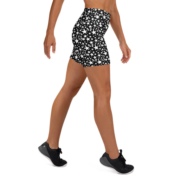 Black White Star Print Pattern Designer Fitness Workout Yoga Shorts- Made in USA/EU-Yoga Shorts-Heidi Kimura Art LLC Black Star Yoga Shorts, Black White Star Print Pattern Premium Quality Women's High Waist Spandex Fitness Workout Yoga Shorts, Yoga Tights, Fashion Gym Quick Drying Short Pants With Pockets - Made in USA/EU (US Size: XS-XL)