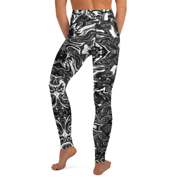 Black Marble Yoga Leggings, Marble Print Long Tights-Made in USA/EU-Heidi Kimura Art LLC-Heidi Kimura Art LLC