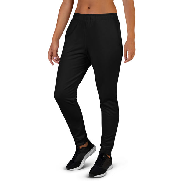 Black Solid Color Premium Printed Premium Slim Fit Soft Women's Joggers Pants-Made in EU-Women's Joggers-Heidi Kimura Art LLC