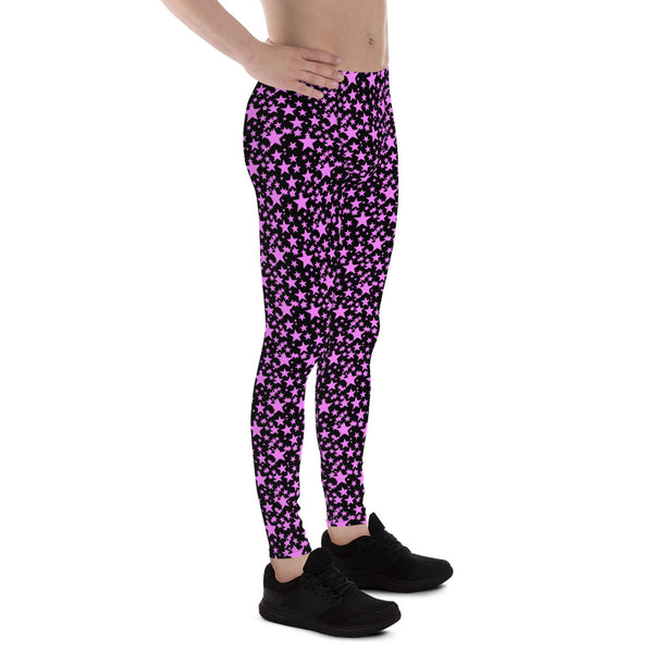 Black Pink Star Print Men's Leggings, Premium Meggings Running Tights-Made in USA/EU-Men's Leggings-Heidi Kimura Art LLC
