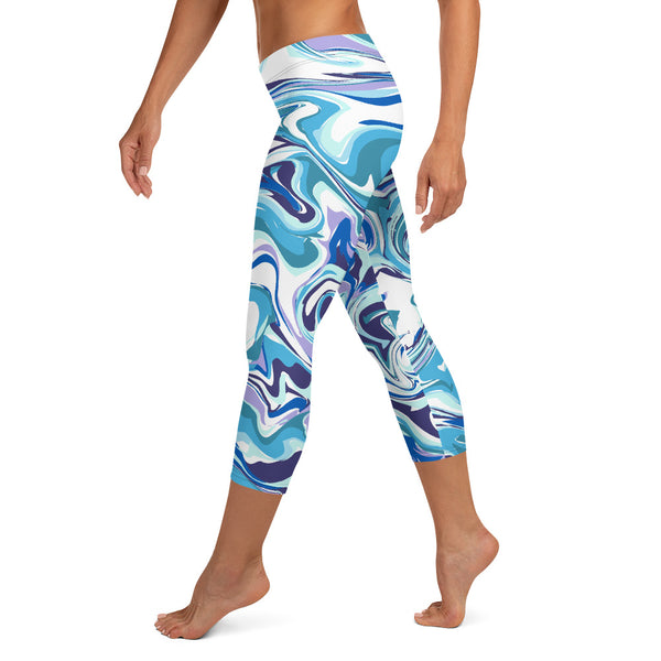 Blue Swirl Women's Capri Leggings, Abstract Print Ladies Casual Tights-Made in USA/EU-Heidi Kimura Art LLC-Heidi Kimura Art LLC