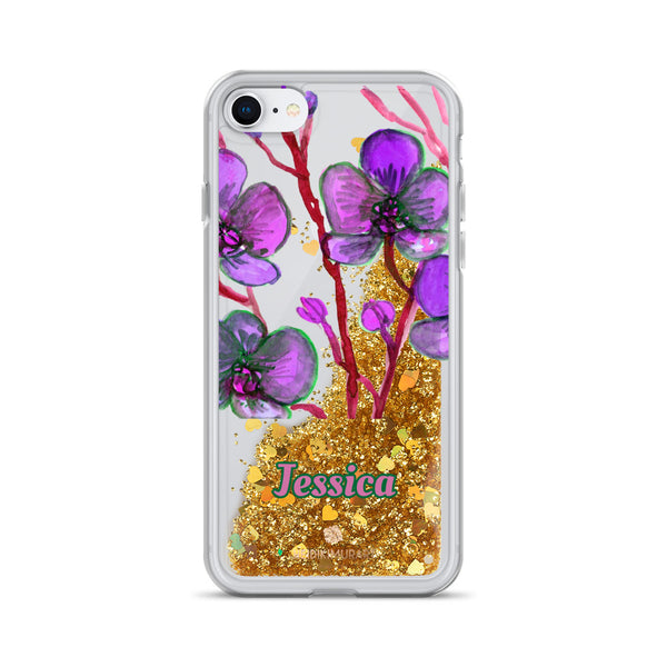 Personalized Orchid Glitter iPhone Case, Floral Print Liquid Glitter Phone Case-Heidi Kimura Art LLC-Gold-iPhone 7/8-Heidi Kimura Art LLC