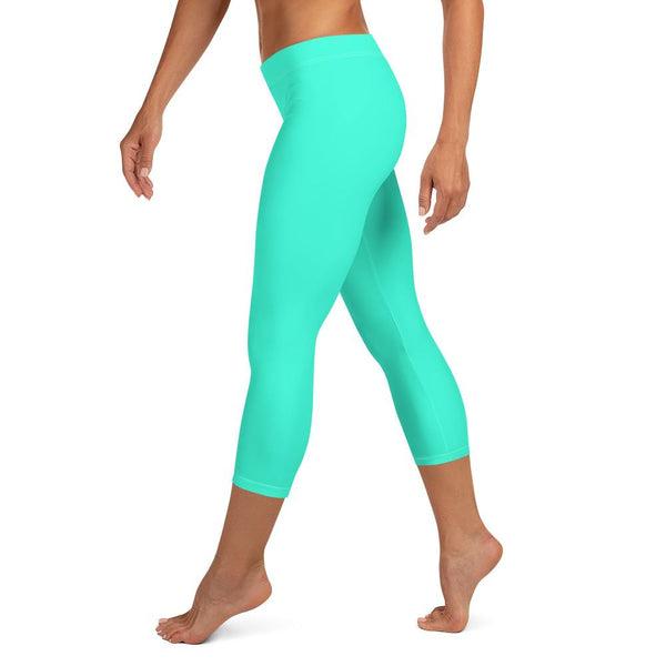 Turquoise Blue Women's Capri Leggings, Bright Solid Color Capris Tights- Made in USA/ EU-capri leggings-Heidi Kimura Art LLC