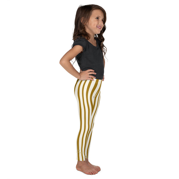 Modern Brown Vertical Stripe Print Cute Kid's Leggings Workout Pants -Made in USA/ EU-Kid's Leggings-Heidi Kimura Art LLC