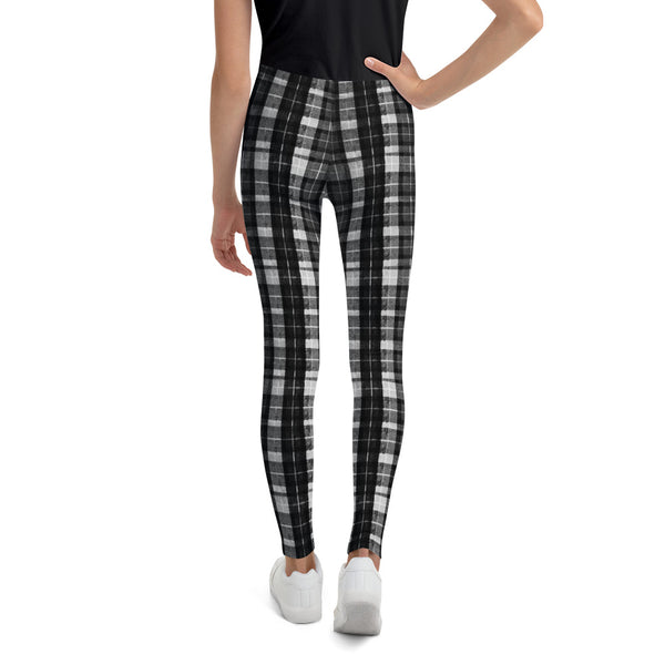 Black Plaid Girl Bottoms Winter Essentials Sports Gym Youth Leggings, Made in USA-Youth's Leggings-Heidi Kimura Art LLC Black Plaid Girl's Leggings, Black Plaid Print Designer Girl Bottoms Winter Essentials Sports Gym Youth Leggings, Made in USA/EU (US Size: 8-20)