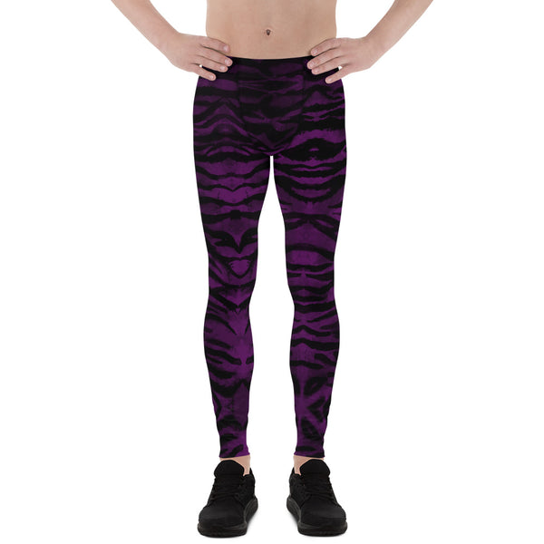 Purple Tiger Stripe Men's Leggings, Animal Print Meggings Compression Tights-Made in USA/EU-Heidi Kimura Art LLC-Heidi Kimura Art LLC
