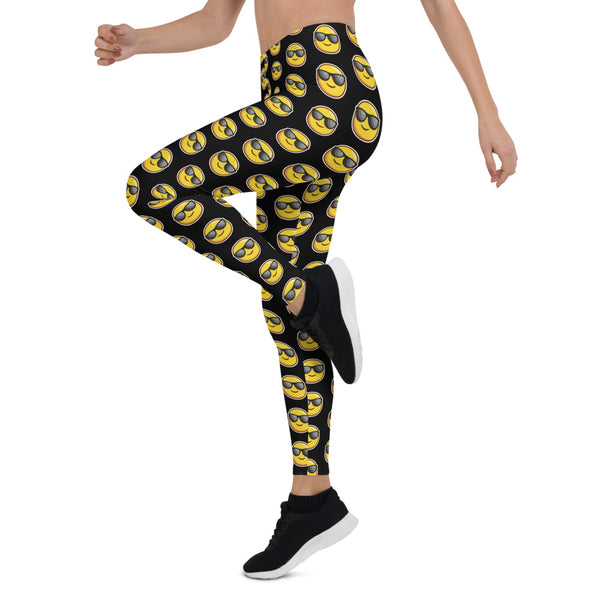 Black Sunshine Emoji Casual Leggings, Women's Tights-Made in USA/EU-Heidi Kimura Art LLC-Heidi Kimura Art LLC