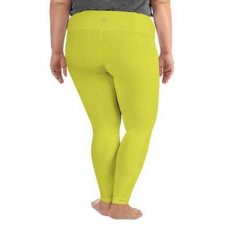 Lime Yellow Solid Color Print Women's Plus Size Best Quality Leggings- Made in USA/EU-Women's Plus Size Leggings-Heidi Kimura Art LLC