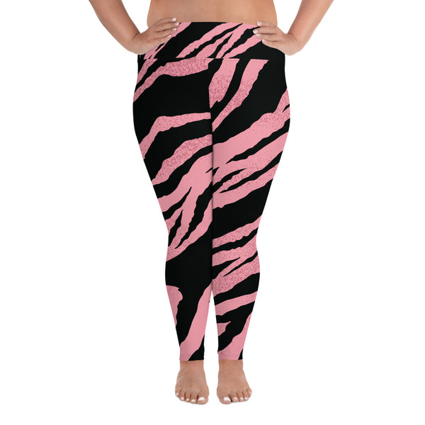 Pink Black Tiger Stripe Animal Print Women's Long Yoga Pants Plus Size Leggings-Women's Plus Size Leggings-2XL-Heidi Kimura Art LLC