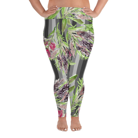 Floral Print Plus Size Leggings, Gray Vertical Striped Women's Long Yoga Pants-Made in USA/EU-Women's Plus Size Leggings-2XL-Heidi Kimura Art LLC