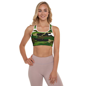 Green White Camo Military Print Women's Padded Workout Sports Bra- Made in USA/EU-Sports Bras-White-XS-Heidi Kimura Art LLC