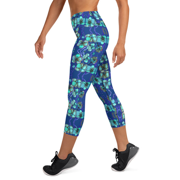 Blue Orchids Yoga Capri Leggings, Floral Print Women's Capris Tights-Made in USA/EU-Heidi Kimura Art LLC-Heidi Kimura Art LLC