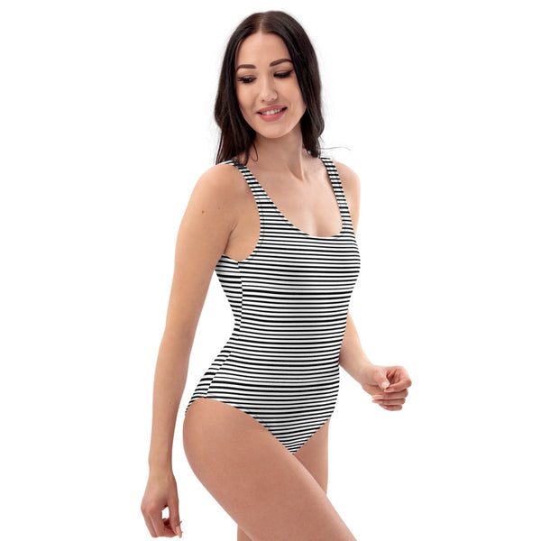 Black Horizontal Striped Swimwear, Women's One-Piece Swimsuit-Heidi Kimura Art LLC-Heidi Kimura Art LLC Black Horizontal Striped Swimwear, Luxury 1-Piece Swimwear Bathing Suits, Beach Wear - Made in USA/EU (US Size: XS-3XL) Plus Size Availablev