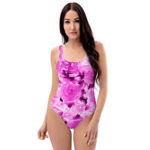 Pink Floral One-Piece Swimsuit, Roses Floral Print Women's Swimwear-Made in USA/EU-Heidi Kimura Art LLC-XS-Heidi Kimura Art LLC Pink Floral One-Piece Swimsuit, Roses Flower Print Best Luxury 1-Piece Unpadded Swimwear Bathing Suits, Beach Wear - Made in USA/EU/MX (US Size: XS-3XL) Plus Size Available