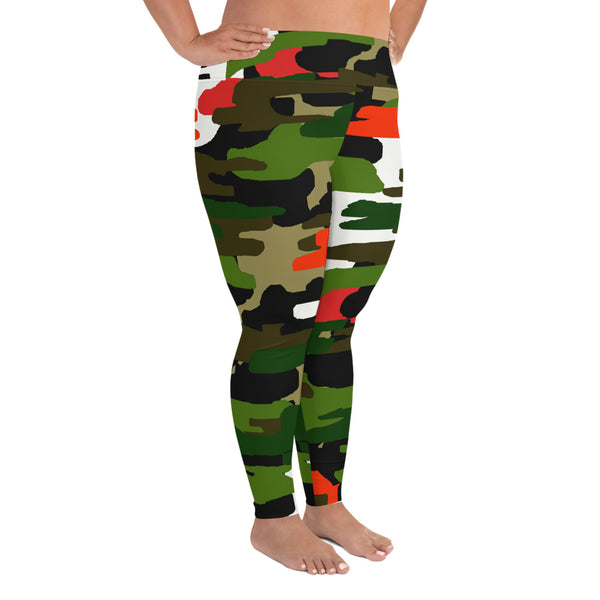 White Orange Green Military Print Women's Tights Plus Size Leggings - Made in USA-Women's Plus Size Leggings-Heidi Kimura Art LLC