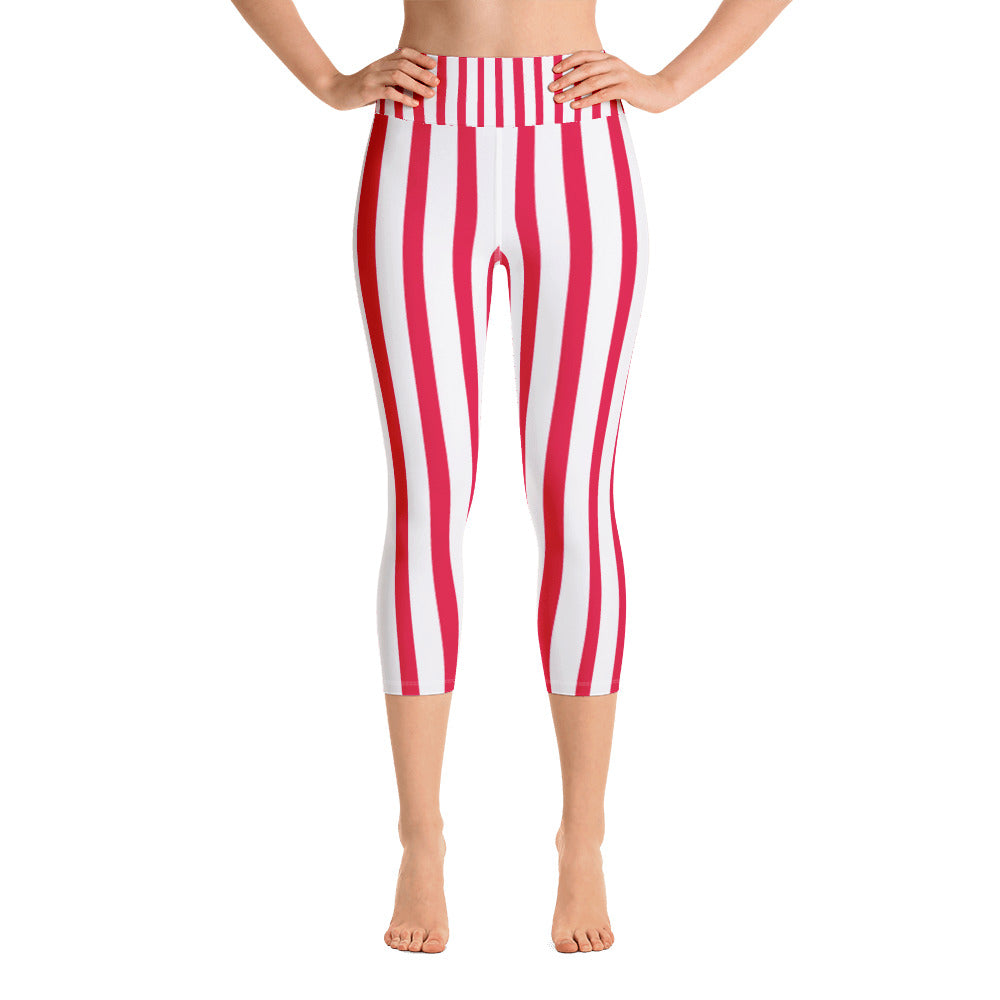 Red Striped Women's Capri Pants, White Vertically Stripe Print Capri  Leggings- Made in USA/EU