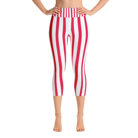 Red White Striped Women's Capri Pants, Vertically Stripe Print Capri Leggings- Made in USA/EU-Capri Yoga Pants-XS-Heidi Kimura Art LLC