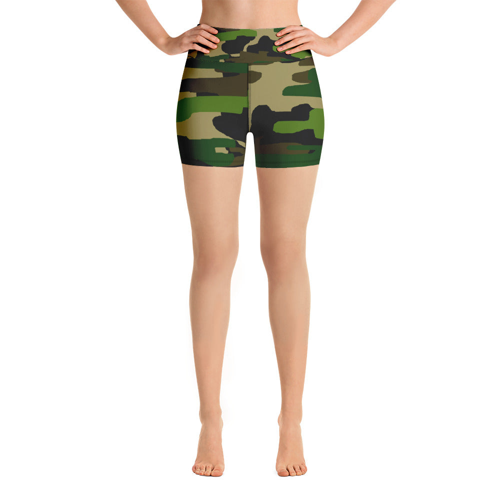 High Waist Military Army Green Camouflage Print Women's Yoga Shorts, Made in USA-Yoga Shorts-XS-Heidi Kimura Art LLC