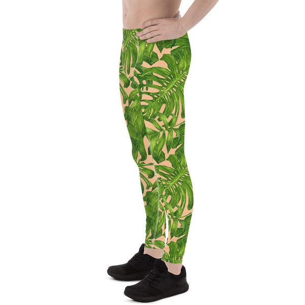 Nude Green Tropical Green Palm Hawaiian Leaf Print Men's Leggings - Made in USA/EU-Men's Leggings-Heidi Kimura Art LLC
