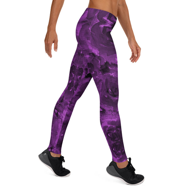 Purple Floral Causal Leggings, Women's Fashion Tights-Made in USA/EU-Heidi Kimura Art LLC-Heidi Kimura Art LLC