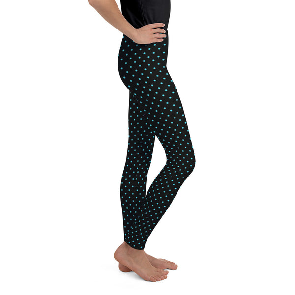 Blue Polka Dots Print Black Premium Youth Leggings Cute Yoga Pants - Made in USA/ EU-Youth's Leggings-Heidi Kimura Art LLC