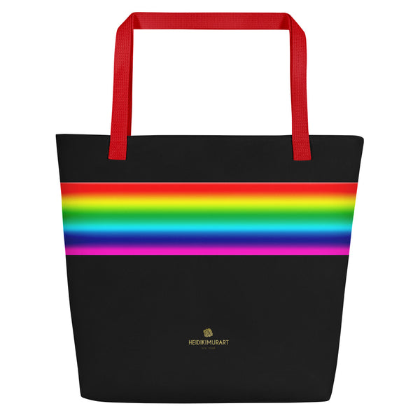 Black Rainbow Stripe Print Designer 16"x20" Large Beach Shopping Tote Bag- Made in USA/EU-Beach Tote Bag-Red-Heidi Kimura Art LLC