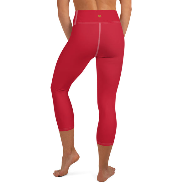 Solid Red Color Print Women's Designer Yoga Capri Leggings Pants- Made in USA/ EU-Capri Yoga Pants-Heidi Kimura Art LLC