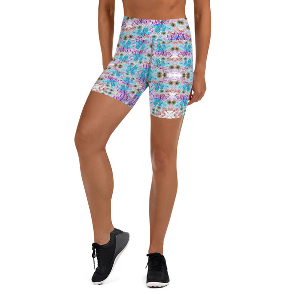 Blue Floral Print Yoga Shorts-Heidikimurart Limited -Heidi Kimura Art LLC Blue Floral Print Yoga Shorts, Abstract Flower Print Best Bestselling Women's Sexy Premium Quality Yoga Shorts, Gym Fitness Tights, Short Workout Hot Pants, Made in USA/ EU/ MX  (US Size: XS-XL) 