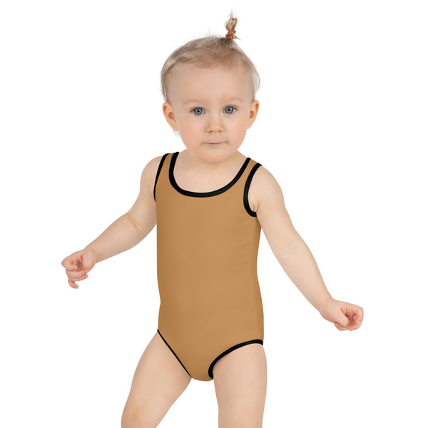 Brown Nude Girl's Swimwear, Modern Simple Solid Color Print Girl's Kids Luxury Premium Modern Fashion Swimsuit Swimwear Bathing Suit Children Sportswear- Made in USA/EU (US Size: 2T-7)
