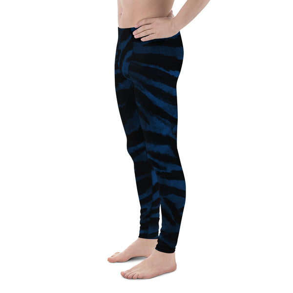 Blue Tiger Stripe Men's Yoga Pants Running Leggings & Tights- Made in USA/ Europe-Men's Leggings-Heidi Kimura Art LLC Blue Tiger Striped Meggings, Blue Tiger Stripe Animal Print Men's Yoga Pants Running Leggings & Tights- Made in USA/ Europe (US Size: XS-3XL)
