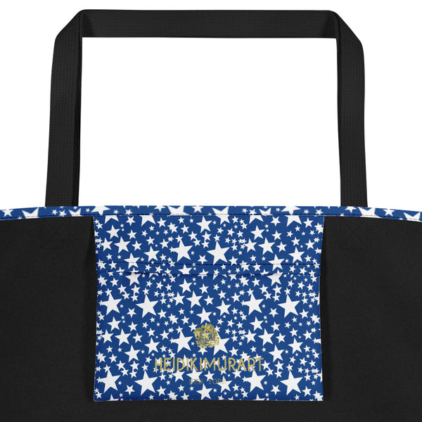 Blue White Star Pattern Print Designer Large 16"x20" Unisex Beach Tote Bag- Made in USA/EU-Beach Tote Bag-Heidi Kimura Art LLC