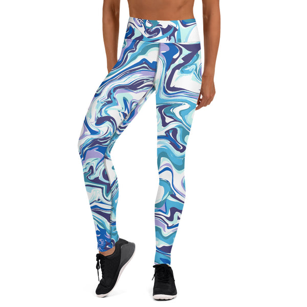 Blue Swirl Yoga Leggings, Abstract Print Women's Tights-Made in USA/EU-Heidi Kimura Art LLC-Heidi Kimura Art LLC