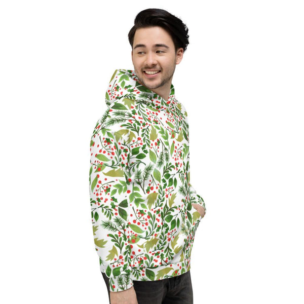 Christmas White Green Winter Floral Print Men's/Women's Unisex Hoodie-Made in EU-Men's Hoodie-Heidi Kimura Art LLC