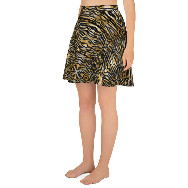 Brown Tiger Stripe Skater Skirt, Best Tiger Animal Print Print High-Waisted Mid-Thigh Women's Skater Skirt, Plus Size Available - Made in USA/EU (US Size: XS-3XL) Animal Print skirt, Tiger Print Skater Skirt, Tiger Skater Skirt