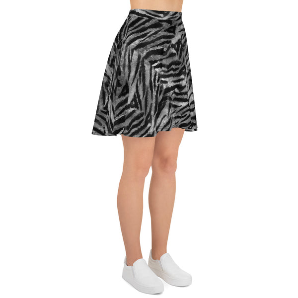 Gray Tiger Stripe Skater Skirt, Best Tiger Animal Print Alluring Print High-Waisted Mid-Thigh Women's Skater Skirt, Plus Size Available - Made in USA/EU (US Size: XS-3XL) Animal Print skirt, Tiger Print Skater Skirt, Tiger Skater Skirt