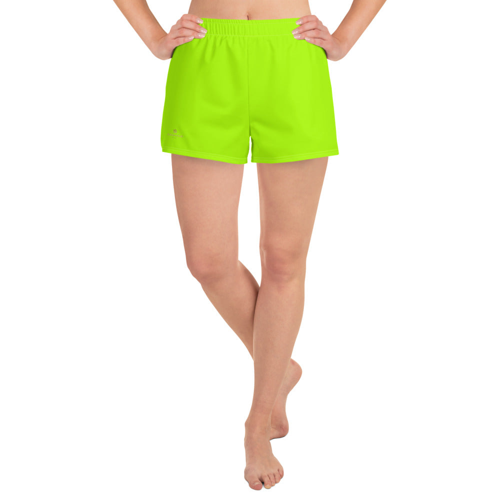 Neon Green Women's Shorts, Modern Solid Color Designer Best Women's Athletic Running Short Printed Water-Repellent Microfiber Individually Sewn Shorts With Elastic Waistband With A Drawstring And Mesh Side Pockets - Made in USA/EU (US Size: XS-3XL) Running Shorts Womens, Printed Running Shorts, Plus Size Available, Perfect for Running and Swimming 